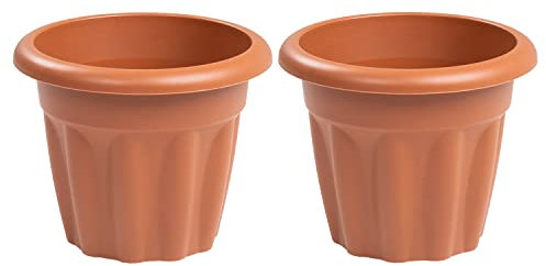 CHPL 2 x 25cm Terracotta Plastic Round Planters Indoor/Outdoor Plant Pot Lightweight & Weather Resistant Contemporary Design Garden Planters Herb Flower Pot Nursery Pot For Home.