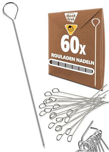 Menz Lot de 60 aiguilles à roulade, 10 cm, en acier inoxydable, pour remplacer les pinces à roulade, fabriquées en Allemagne, avec clip de rangement