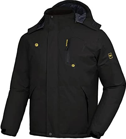 SwissWell Skijacke Männer Fleece Verdickte Funktionsjacke mit Abnehmbarer Kapuze Wasserdichte Jacke Regenmantel Mantel Regenjacke Schwarz L