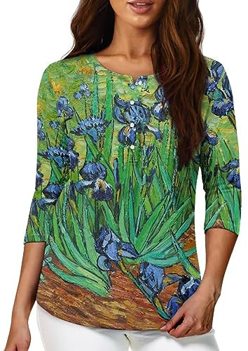 YEXIATODO Boat Neck Plus Size Tops for Women 3/4 Sleeve with Button Casual Trendy Cloth, Van Gogh Irises, XL