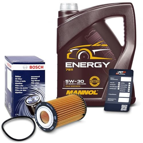 BESTPRICE Inspektionspaket Filterset mit 1x Ölfilter; 5l Motoröl 5W-30 MANNOL ENERGY; 1x Ölwechsel-Anhänger