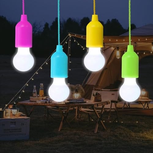 Junerain 4Pack LED Pull Cord Light, Colorful Mood Bulb Hanging Lamp Battery Operated, Portable Night Light for Parties, Weddings, Festivals, Camping, Child Room Decoration
