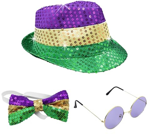 ZOOMPIL Pailletten Hut, Disco Sequin Hat, Hippie Sonnenbrille Runde, Fliege, 3 Stücke Shinny Kostüm Jazz Hip-Hop Dance Performance Zubehör Sets
