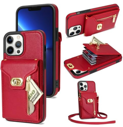 GoodcAcy Crossbody Wallet Case for iPhone 12 Pro/iPhone 12 with Lanyard Strap Card Slot Holder [RFID Blocking] 360° Kickstand,Magnetic Flip Folio Zipper Purse Case, PU Leather Cover Handbag,Red