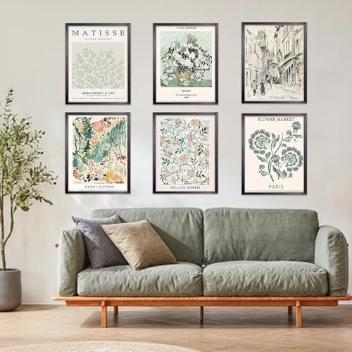 Zfseyuh 6 Stück 40x 30 cm Matisse Poster Salbeigrün Wandposter, Vintage Ausstellungsposter Henri Matisse Poster Blumen Dekoration Wohnzimmer Schlafzimmer - ohne Rahmen