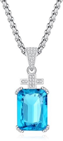 YAMI Halskette für Herren, Himmelblau Anhänger, 13 x 18 mm, Geburtsstein, Smaragdschliff, Zirkonia, Kreuz-Anhänger mit 61 cm Edelstahlkette, Jubiläumsgeschenke, Geschenke für Männer