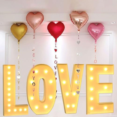 Giant Romantic LOVE Sign Light Up & 5 Heart Balloon with I LOVE YOU Pendant, Marquee Letter Lights for Valentine's Day Wedding Party, 120cm/4Ft