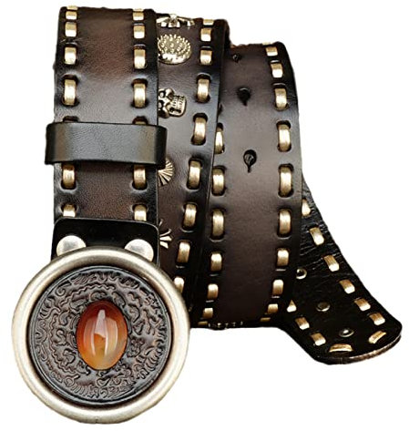 MYIESAXL Herren Damen Goth Totenkopf Nieten Vintage 1,5(38Mm) Echtleder Gürtel für Jeans Punk Rock Goth Biker Hip Hop Nieten Gürtel mit Snap On