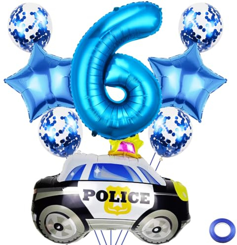 Kawailay 6 Jahr Polizei Geburtstag Luftballons 6. Polizei Geburtstag Deko Polizist 6. Geburtstag Deko Ballons Polizeiauto Folienballon Blau Zahl 6 Luftballon für Junge Geburtstag Party