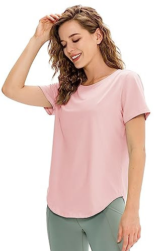 YCBMINGCAN grandi dimensioni sciolto yoga indossare maniche corte orlo fessura sport t-shirt fitness corsa asciugatura rapida abbigliamento maglia top donna nero, Rosa-B., L