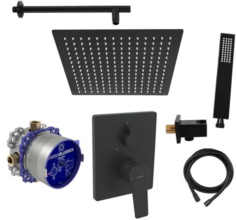 vanvilla Duschsystem mit Unterputz Duscharmatur von Hansa Twist Einhebelmischer und vanvilla Regendusche mit Armatur, Duschkopf eckig, Dusch-SET AS101 schwarz matt