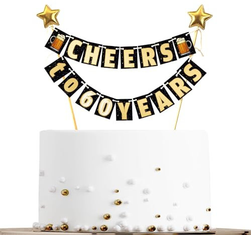 Sumerk 19 Pcs Happy 60th Birthday Cake Topper Gold Happy Birthday Banner + 2 Stars Cupcake Topper Birthday Cake Decorations for Girls Boys Men Women Birthday Bunting for Party