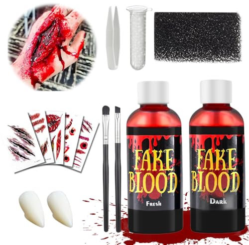 Faux Sang Halloween, Halloween Make UP Set, Sang Artificiel Halloween, Maquillage Halloween Fake Blood, 60ml de Sang Frais Artificiel, 60ml de Faux Sang Rouge Foncé, Dents de Zombie