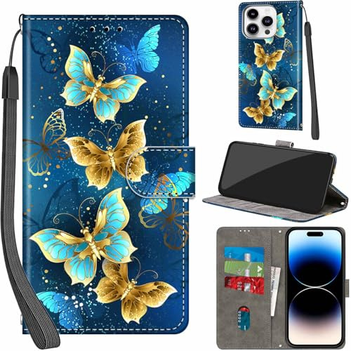 Haninsuze Case for iPhone 14 Pro 6.1-Inch, Four Butterfly | PU Leather, 3 Card Holder, Wallet Book Flip, Folio Stand View, Magnetic, Multi-Pattern Cover, Lanyard Strap
