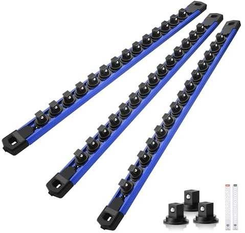 Reniteco Magnetic Socket Organizer Set, 3-Pack 3/8” Socket Rails | 42 Clips, Heavy-Duty Aluminum Alloy Rails, Removable 360° Swivel ABS Clips, Magnetic Base, Tool Box Drawer or Wall Mount