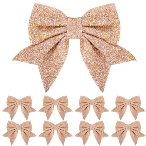 8 Pack Glitter Pink Gold Christmas Bows Christmas Tree Bows 6 inch Wide, Rose Gold Bows for Christmas Tree Decorations Gift Wrapping Ornaments Xmas Wreath Bows Garland Crafting Decorations Bows