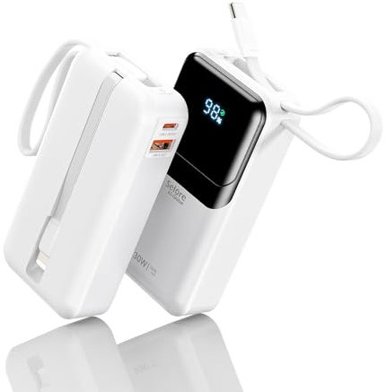 Power Bank 30W, Bateria Externa Carga Rapida 10000mAh Bateria Portatil con Cables Integrados, Cargador Batería con 4 Salidas, Powerbank para iPhone 16 15 14 13 12 Pro MAX Samsung Galaxy iPad Tablet