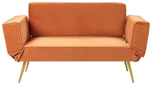 Beliani Schlafsofa Samtstoff orange 2-Sitzer verstellbare Armlehnen Saarela