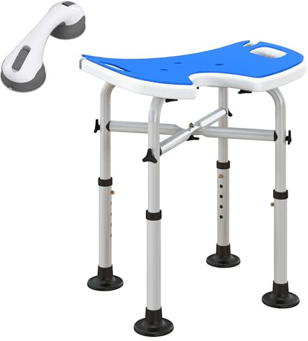HOMCOM - Taburete de ducha, asiento de ducha, altura ajustable 39-51,5 cm, barra de apoyo con ventosa, grandes patines con ventosa, para personas mayores, discapacitadas, montaje sin herramientas,