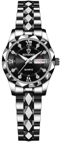 JewelryWe Damenuhr Edelstahl Leuchtende Uhren: 30m Wasserdicht Kalender Analog Quarz Armbanduhr Damen Schwarz Edelstahlarmband Geschäft Lässige Uhr mit Römischen Ziffern Diamantskala & Leuchtzeiger