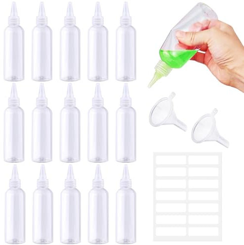 Prebarfun 16 Pièces 60ml Bouteilles, Flacons Souples en Plastique, Flacon Vide avec Entonnoirs, étiquettes pour Les liquides, Les Voyages