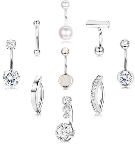 Morfetto 9stk Bauchnabelpiercing Gold Chirurgenstahl Piercing Bauchnabel 14G Silber Bauchnabelpiercing Schwangerschaft CZ Perle Opal Bauchpiercing Nabelpiercing 10/12mm Stablänge Silber 12mm