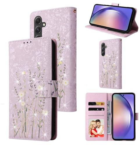 UEEBAI Wallet Case for Samsung Galaxy A16 4G/5G, PU Leather Phone Case Kickstand RFID Blocking Flip Case Card Slots Wrist Strap Relief Engraved Pattern Magnetic Closure Folio Case - Lavender