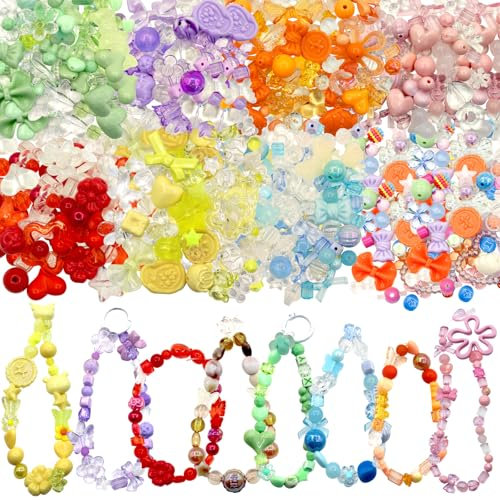 MoguGo Acrylperlen Charms Set – 8 Farben Sortierte Perlen mit Charms zum Auffädeln, Schmuckherstellung Bastelset für DIY Armbänder, Halsketten, Schlüsselanhänger, Handwerk