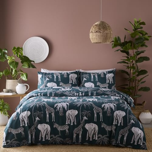 Portfolio Home Wild Safari Elephants Green King Soft Easy Care Bed Linen Bedding Duvet Cover Quilt Set With Pillow Cases