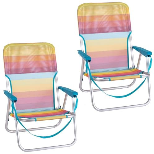 Pack 2 sillas playa plegables Rainbow, sillas fijas camping, sillas plegables aluminio con respaldo-asiento de textileno transpirable, arco iris multicolor, sillas playa asa fácil transporte.