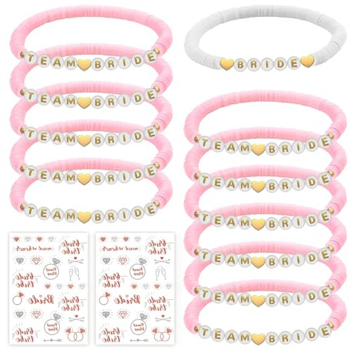 YUNYAKARSA JGA Accessoires Frauen für Junggesellenabschied Frauen, 12 Stück Team Bride Armbänder + 2 Stück Aufkleber, Team Braut Armbänder für JGA Deko Bride to Be Deko(Rosa)