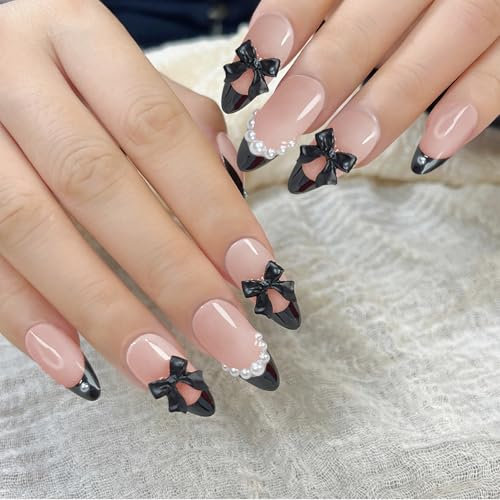 Calkkrer Lot de 24 faux ongles à coller - Avec perles noires - Amande - French manucure - À coller - Design uni