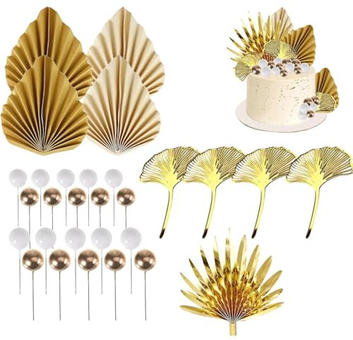 29 Pièces Décorations de Gâteau Bohémiennes,Décoration de Gâteau Joyeux Anniversaire Forme Feuille de Palmier Or,Boule Gâteau Topper,Pour Mariage Anniversaires,fêtes bohèmes,baptêmes