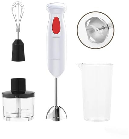 Maya Range Stainless Steel Hand Blender, 4-in-1 Stick Blender 300W, 1 Speed, with Whisk, 500ml Chopper and 700ml Measuring Cup, Food Processor for Household White