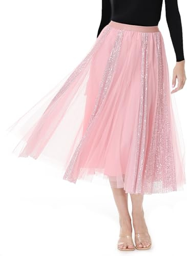 Women’s Sequin Tulle Midi Skirt High Waisted A-Line Sparkle Party Skirt