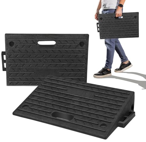 Fiqops 2 Stück Bordsteinrampe Gummi 10cm Hoch Tragbar Rollstuhlrampe 50x32x10 cm Rampe für Bordsteine, Rollstuhl, Tiefe Auto Auffahrrampe Türschwellenrampe mit Griff