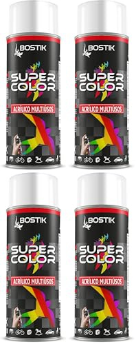 Bostik SUPER COLOR BLANCO SATINADO RAL 9010, Pintura en Spray Acrílica para Uso Profesional y Doméstico, Multiusos, Secado Rápido, Acabado Brillante, Interior y Exterior, Bote 400 ml (Paquete de 4)