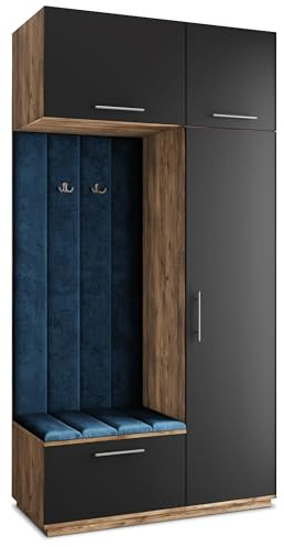 Masseno Flugarderoben Set Rema, Kleiderschrank-Set mit Sitzbank, Garderobenschrank Flur mit 5 Regalböden, Eiche Lefkas/Schwarz