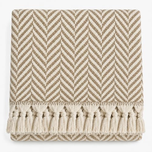 Alupedia Boho Kuscheldecke mit Quasten – Moderne Wohndecke im Fischgrät Design – Sofaüberwurf & Plaid für Couch, Bett und Wohnzimmer (Cremebeige, 160x230)
