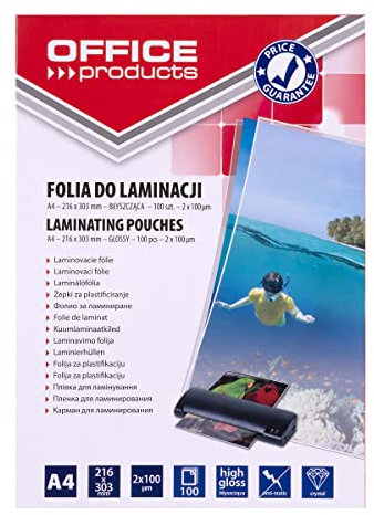OFFICE PRODUCTS 20325425-90 Laminierfolie A4, 2 x 100 micron, glänzend, 100 Stück, transparent