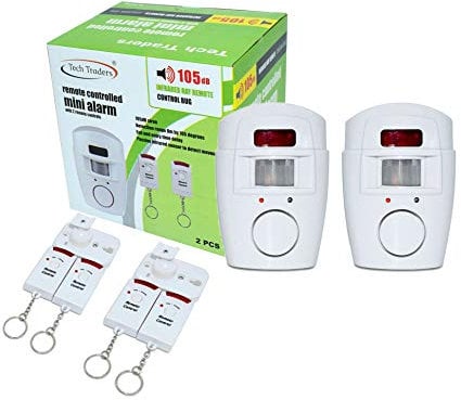 Tech Traders Wireless Pir Motion Sensor Alarm Plus 2 Remote Controls Shed Home Garage Caravan, White [2 Pack]