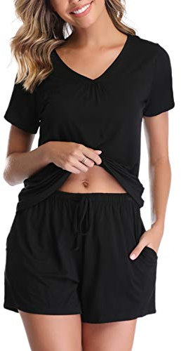 Vlazom Damen Schlafanzug Baumwolle Pyjama Set Weich Sommer Nachtwäsche Kurzarm V Aussschnitt Sleepwear mit Kordelzug, Schwarz-stil B, M