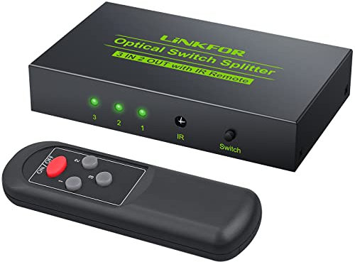 LiNKFOR Conmutador Splitter Óptico 3 Entradas 2 Salidas Switch Divisor 3x2 SPDIF Toslink Soporte LPCM 2.0 DTS Dolby-AC3 con Mando a Distancia para TV DVD PS3 PS4 Barra de Sonido