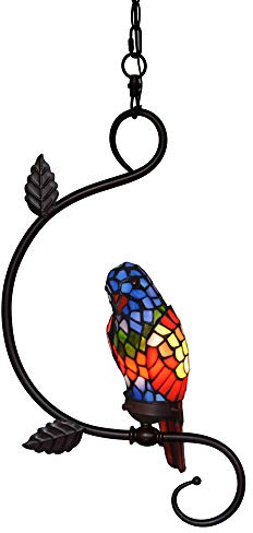 HT Tiffany Style Small Chandelier Light fixtures Ceiling 1 Light Red Blue Parrot Stained Glass Shade, for Restaurant Kitchen Dinner Room Living Room Bathroom Balcony Hallway Stairway, Iron Branch
