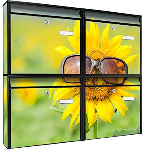 banjado Briefkastenanlage 4 Fach - Postkästen groß - verzinkter Stahl schwarz DIN A4 Motiv Sunny - Briefkasten Set 4 Briefkästen Namensschild, 2 Schlüssel, Montagematerial