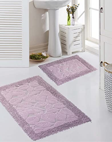 Teppich-Traum Badezimmerteppich Set 2 teilig • waschbar • Blätterdesign in lila, Größe 50x60cm + 60x100 cm