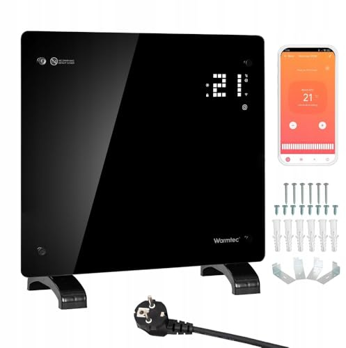 WARMTEC Convector Radiador Eléctrico 1000W | Calefactor de cristal con control WiFi, temporizador, pantalla LCD y programa semanal | Radiador Bajo Consumo de pie o de pared | Negro
