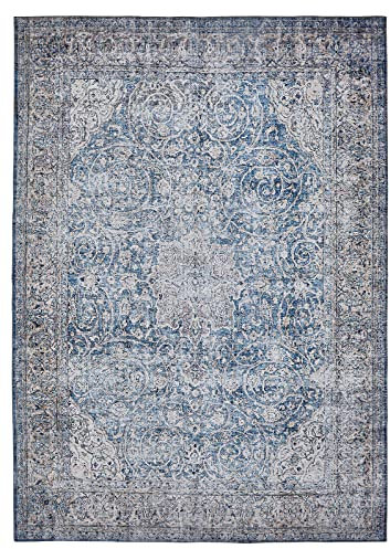Barbara Becker Teppich Loft - waschbarer moderner Vintage Teppich - geeignet als Teppich Wohnzimmer und Schlafzimmer - orientalisch rutschfest, 80 x 150 cm blau - beige