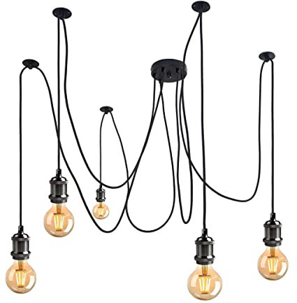 Lampada a sospensione industriale,Lampadario a forma di ragno con cavo intrecciato regolabile da 2 m,lampada a sospensione a grappolo industriale retrò E27 portalampada-nero perla (5 luci)