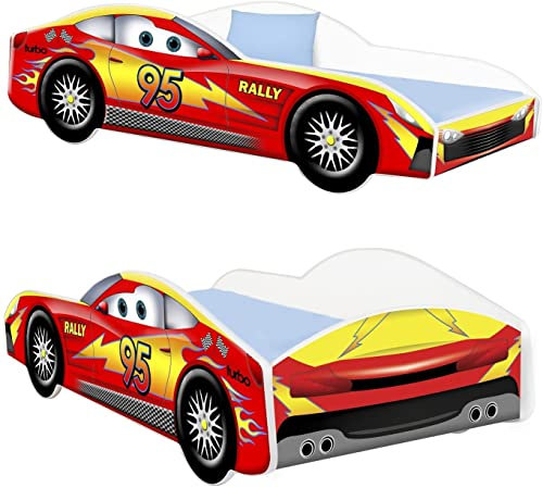AS-TOR Kinderbett Jugendbett Autos 70x140 mit Matratze - Bett Schlafzimmer Kindermöbel Kinderbetten für Mädchen und Junge Hochwertige Möbelplatte Solide Sicher Rotes Auto